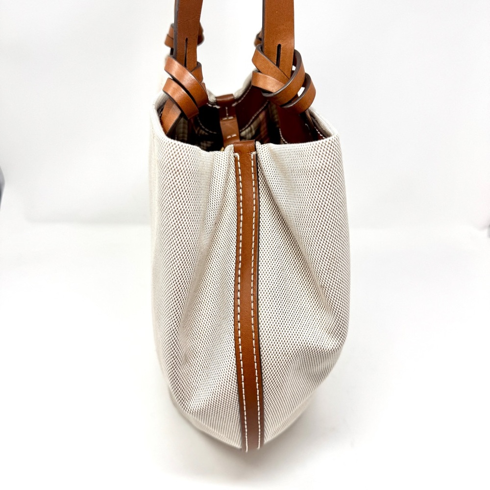 Authentic Tory Burch Small Canvas Round Tote Purse Natural / Classic - Picture 11 of 13